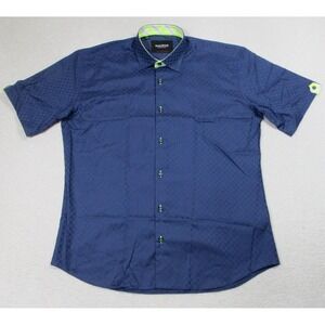 Maceoo Shirt Mens XL Blue Check Jacquard Short Sleeve Button Up Dress Casual